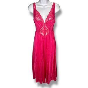 VTG Olga Bodysilk Long Stretch Nightgown Magenta 91150 Lace Lingerie Full Sweep